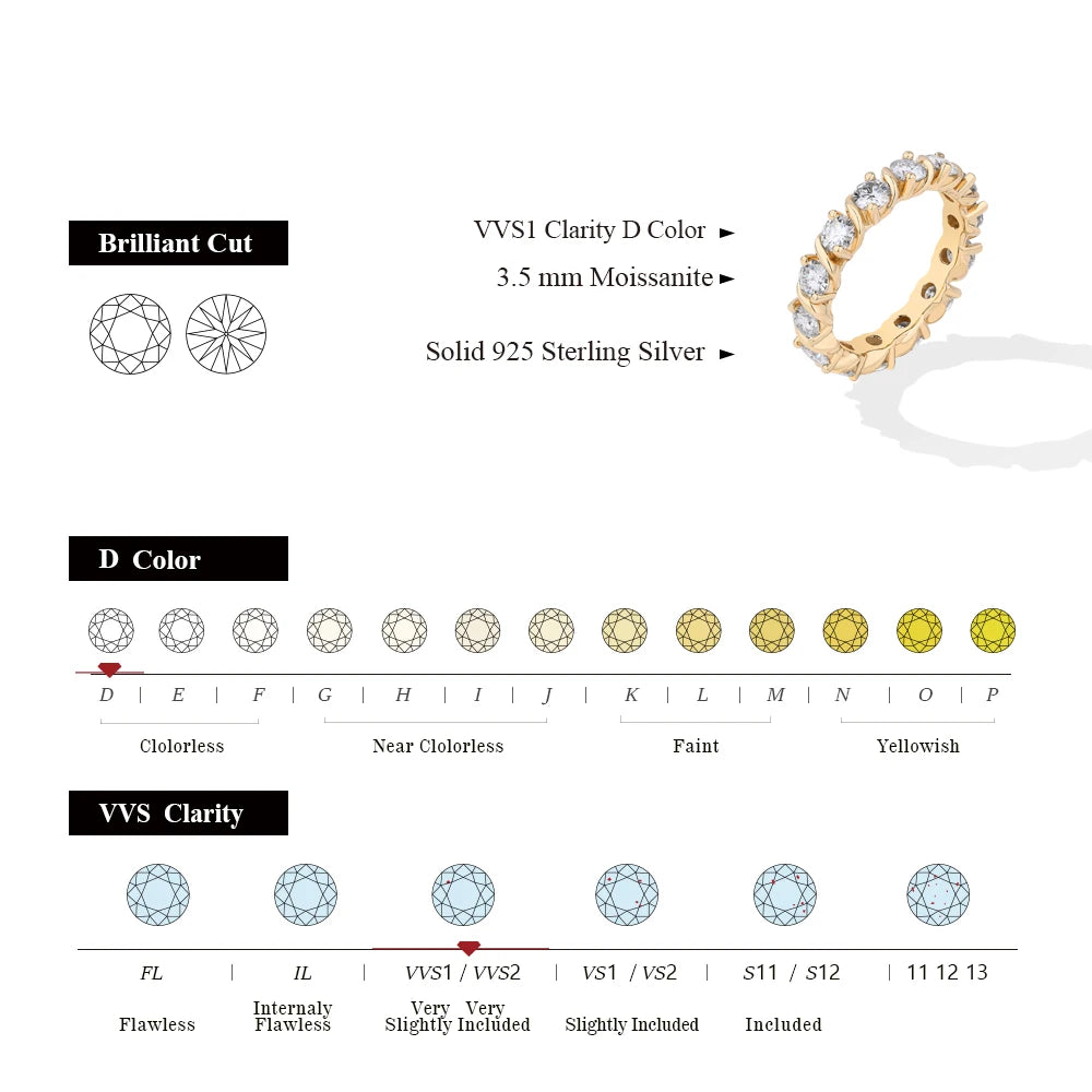 ATTAGEMS Full Moissanite Rings D Color VVS1 Round Cut 3.5mm S925 Sterling Silver For Women Engagement Wedding Bands Fine Jewelry