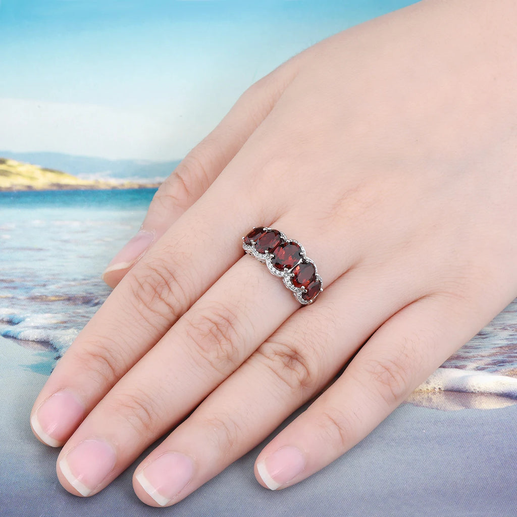 Natural Red Garnet Sterling Silver Rhodium Plated Rings 4.5 Carats Birthstone Women Romantic Elegant Style Birthday Gifts