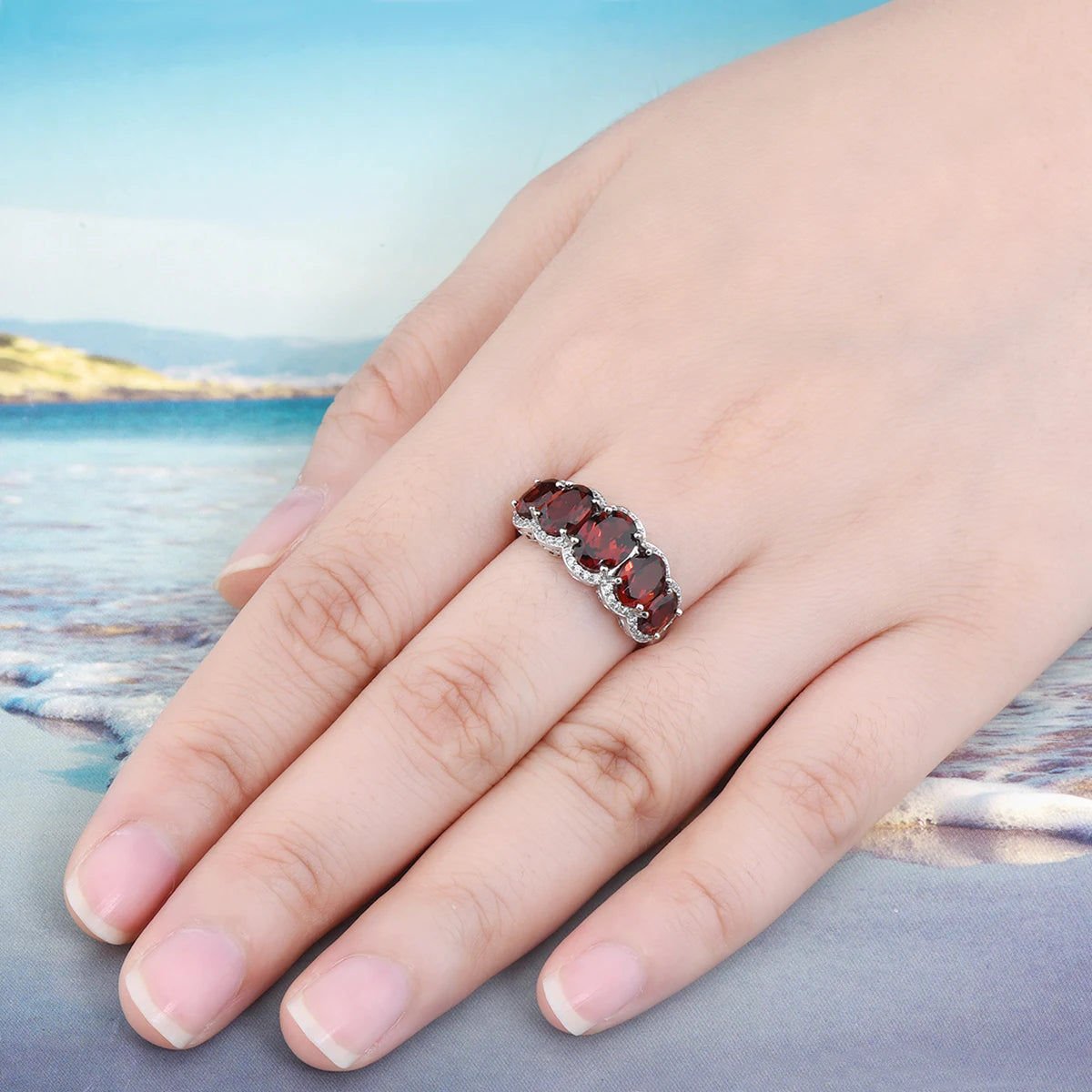 Natural Red Garnet Sterling Silver Rhodium Plated Rings 4.5 Carats Birthstone Women Romantic Elegant Style Birthday Gifts