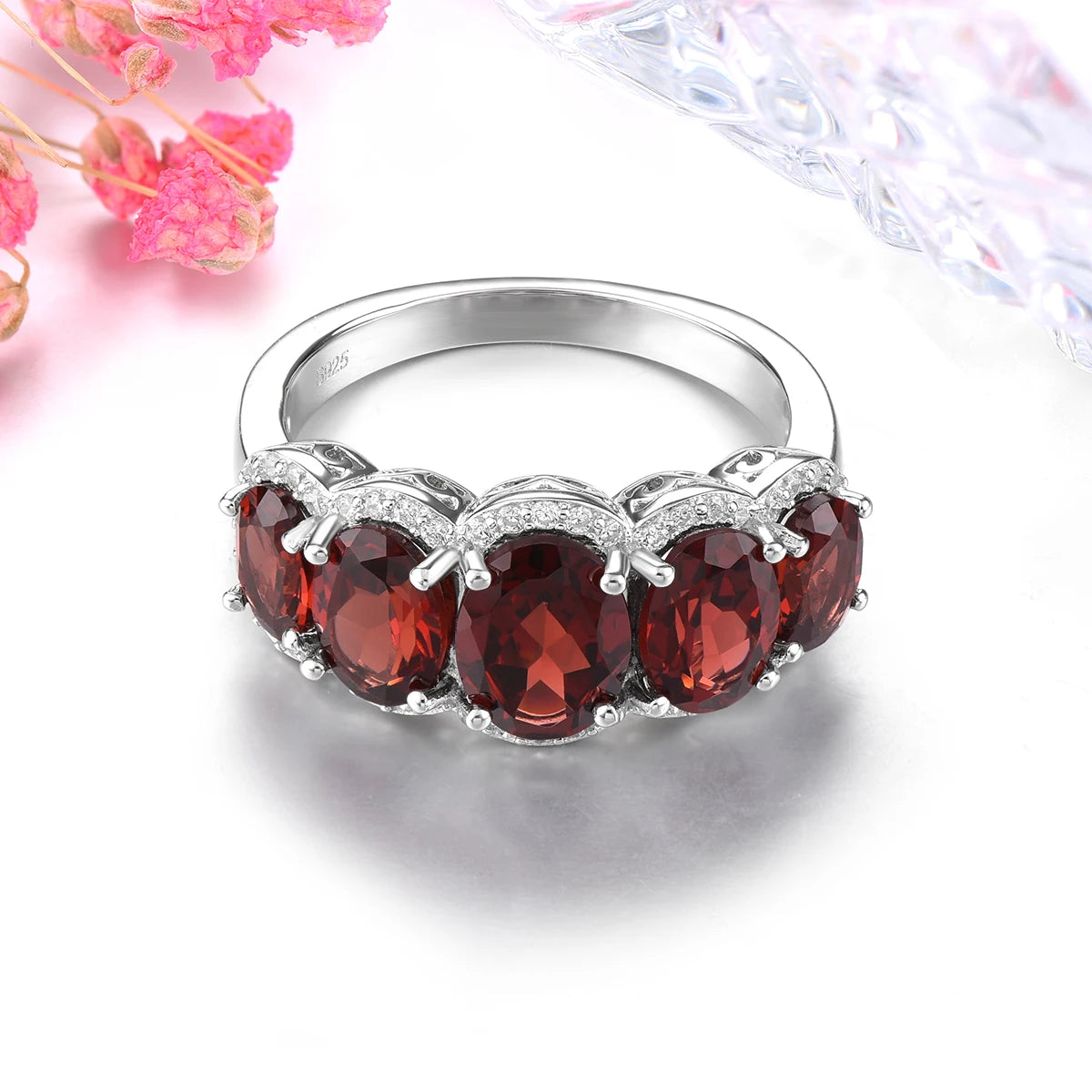 Natural Red Garnet Sterling Silver Rhodium Plated Rings 4.5 Carats Birthstone Women Romantic Elegant Style Birthday Gifts