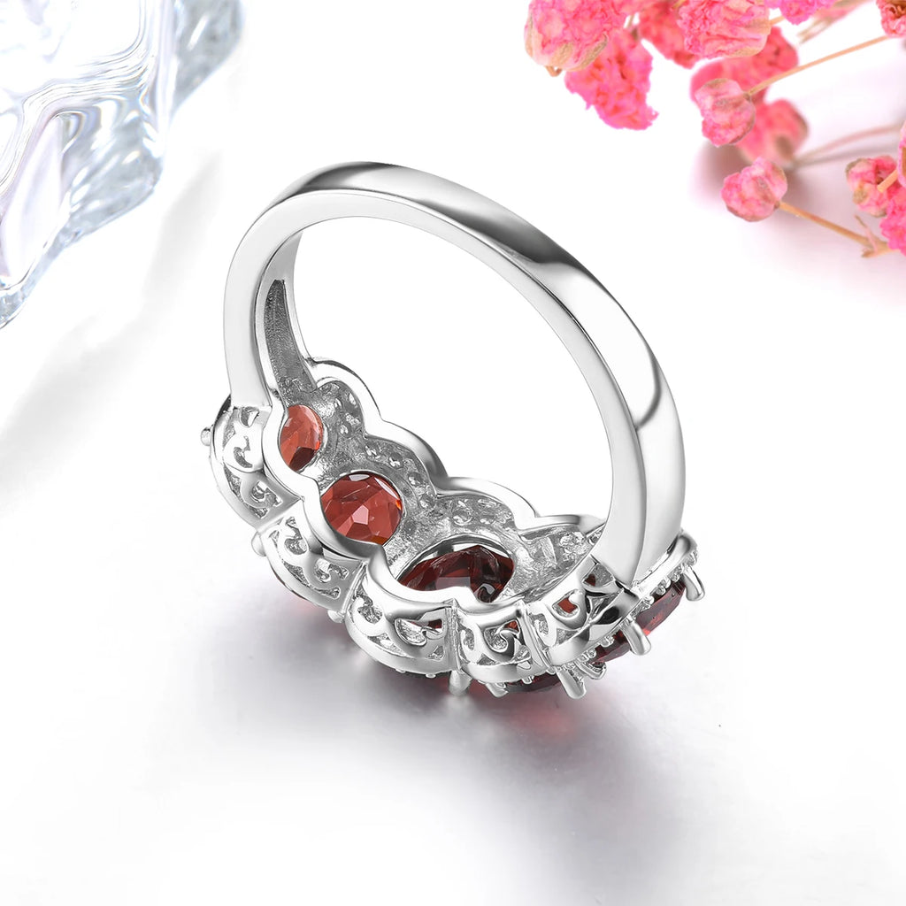 Natural Red Garnet Sterling Silver Rhodium Plated Rings 4.5 Carats Birthstone Women Romantic Elegant Style Birthday Gifts