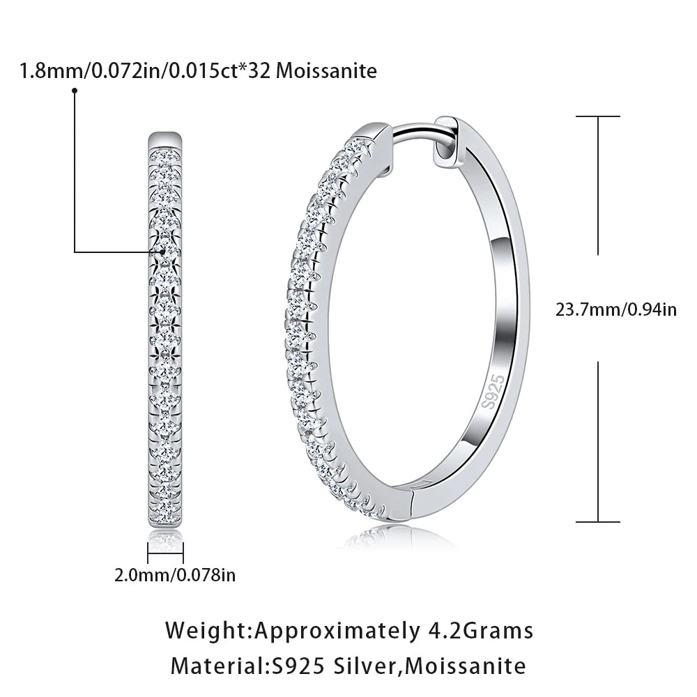 Pretty Beauty 23mm Moissanite Hoop Earrings S925 Sterling Silver for Women Wedding Party White Gold Plated Fine Jewelry Gifts