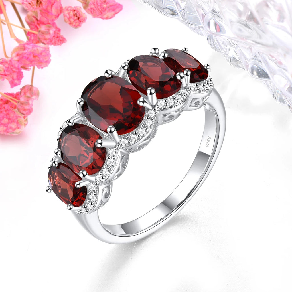 Natural Red Garnet Sterling Silver Rhodium Plated Rings 4.5 Carats Birthstone Women Romantic Elegant Style Birthday Gifts